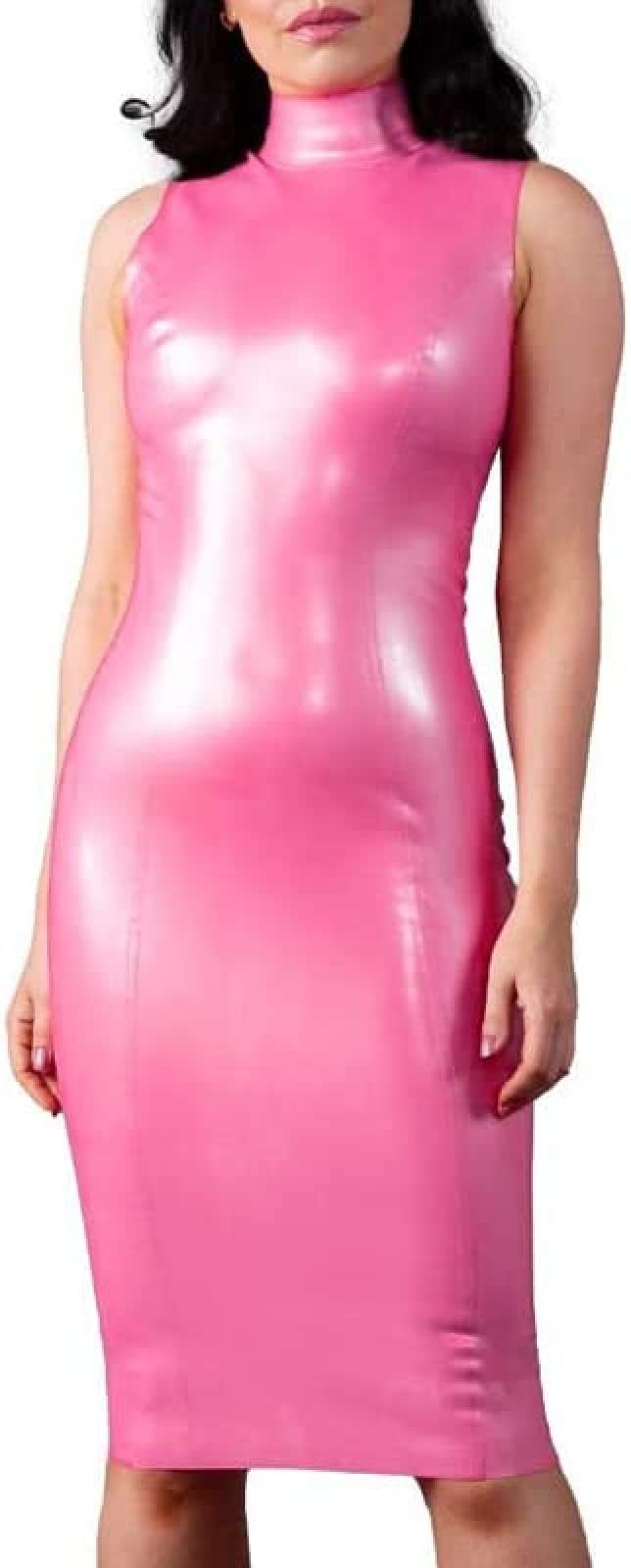 Sexy Pink Latex Sleeveless Dress with Back Zipper & High Collar - Stretchy Bodycon Playsuit for Women, Clubwear, Fetish Fashion & Latex Lovers (Pink) - Perfect for Nightclubs, Costume Parties & BDSM Events