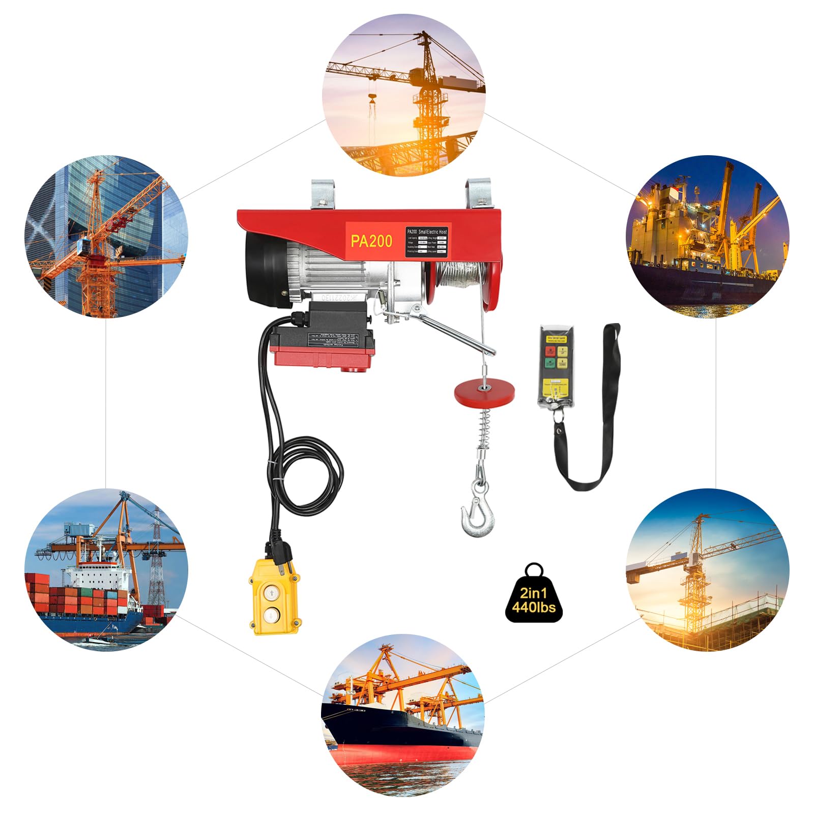 440LBS Electric Hoist with Wireless Remote Control - 510W Steel Electric Winch for Factory, Warehouse & Construction Lifting - Single/Double Slings 110V Electric Lift for Heavy Duty Material Handling