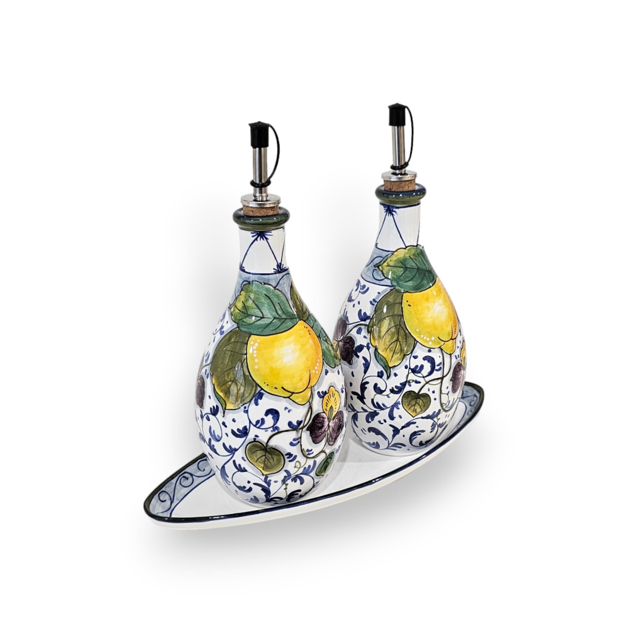 Italian Ceramic Oil and Vinegar Dispenser Set - Hand-Painted Lemon Design - 7 oz Kitchen Oil & Vinegar Bottles - Made in Tuscany, Italy - Home Decor & Italian Pottery for Dining Table, Kitchen Counter, or Gift