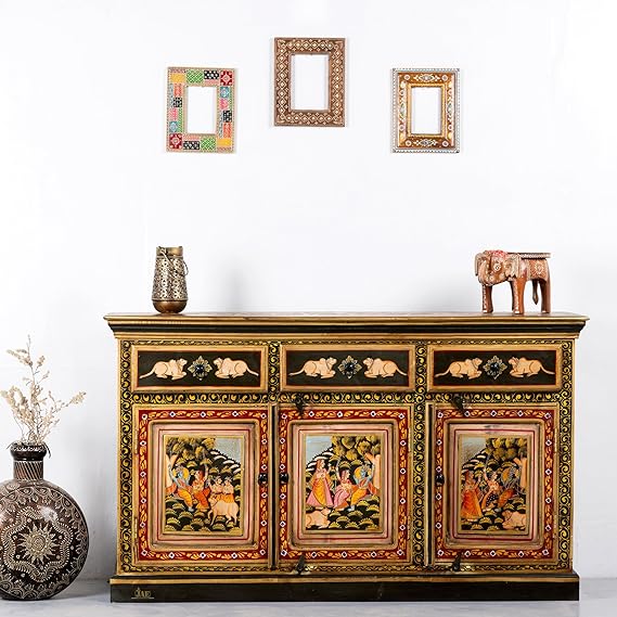 Hand Painted Mango Wood Sideboard - Multi-Color Rustic Buffet Cabinet for Dining Room, Living Room & Entryway Storage