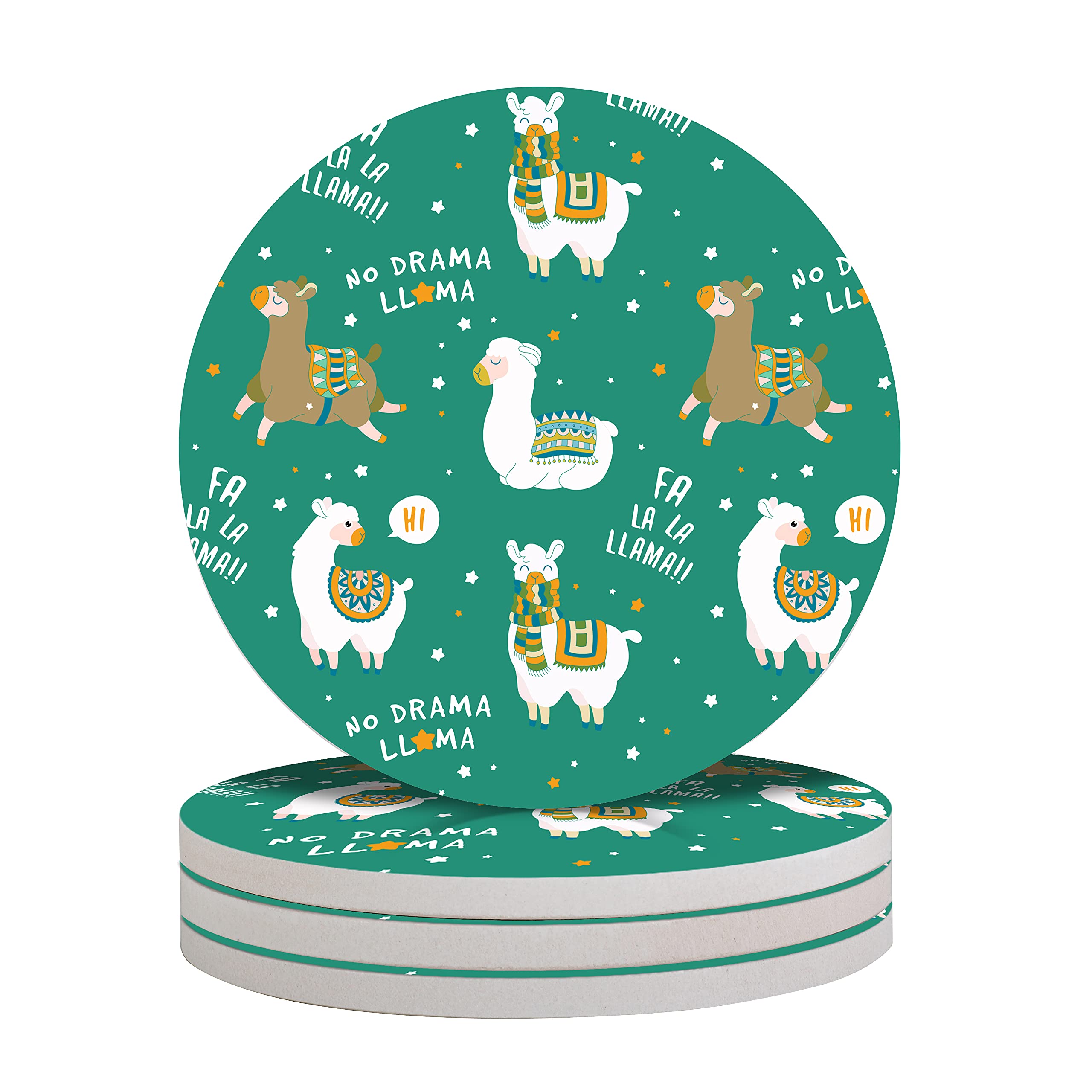 Premium Ceramic Stone Drink Coasters Set of 4 - Absorbent Round Coasters with Cork Base for Mugs, Cups & Table Protection - Cute Llama Design - Perfect for Home, Office & Coffee Shop Use
