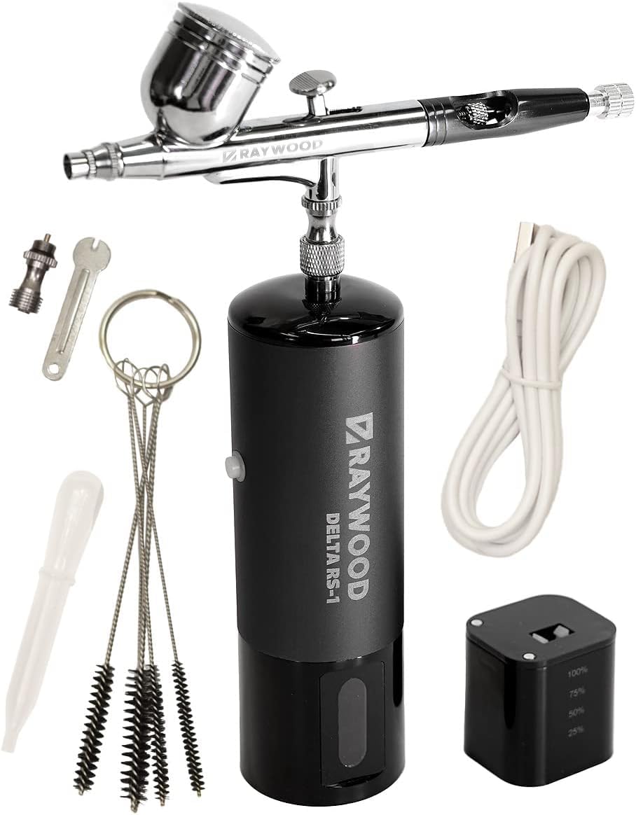 Delta Airbrush Kit - Rechargeable Compressor with USB-C Charging, Dual Action Airbrush Gun, 0.3mm Nozzle, 5 Cleaning Brushes - Perfect for Model Painting, Cake Decorating, Nail Art & DIY Crafts (Black)