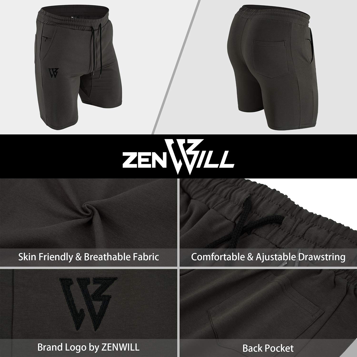 ZENWILL Men's Gym Running Shorts - Breathable Workout Athletic Bodybuilding Fitness Shorts with Zip Pockets for Training, Jogging & Outdoor Activities