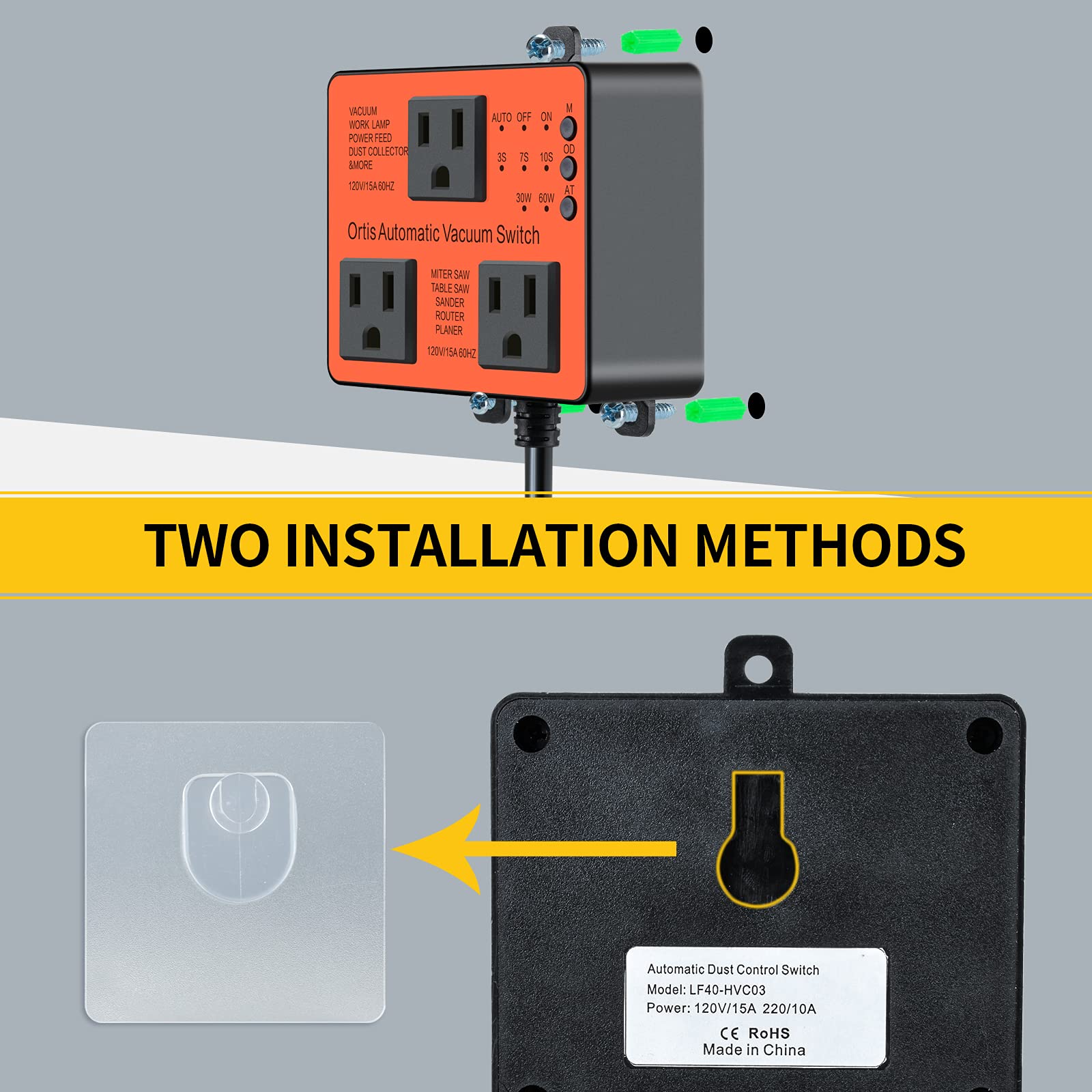 Ortis Automatic Vacuum Switch with Delay On/Off - Dust Control Auto Switch for Power Tools, Adjustable Actuation Threshold to Prevent Circuit Overload - Perfect for Woodworking, Sanding & Construction Sites