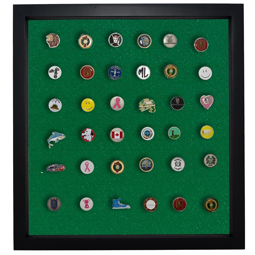 Premium Golf Ball Marker Display Case with Acrylic Cover - Holds 100 Pegged or Flat Ball Markers - Wall Mounted Wooden Case (15.5