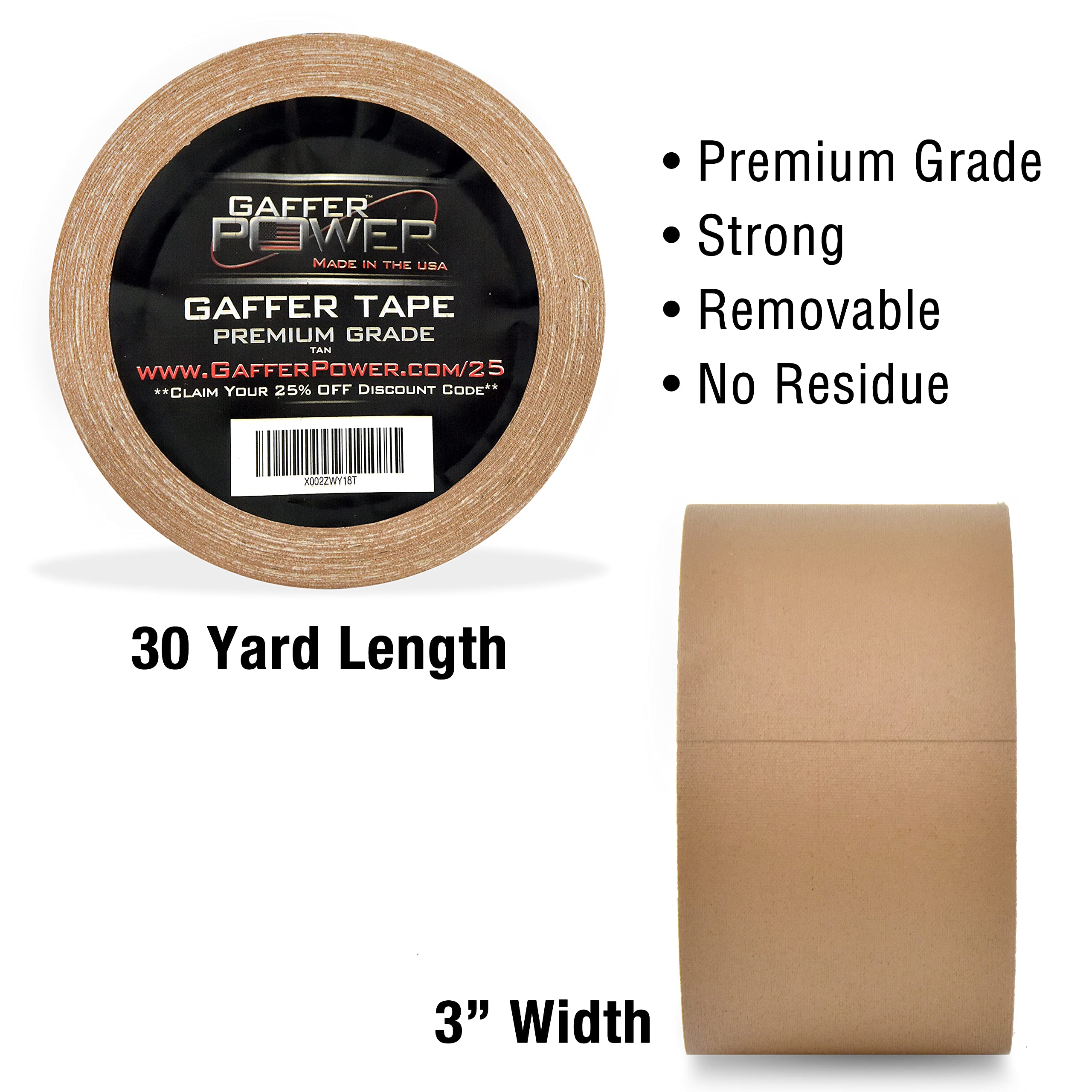 Gaffer Power Professional Heavy Duty Gaffers Tape - 3 Inch x 30 Yards, Tan - Non-Reflective Multipurpose Tape Made in USA | Ideal for Stage Lighting, Photography, Theater & DIY Projects
