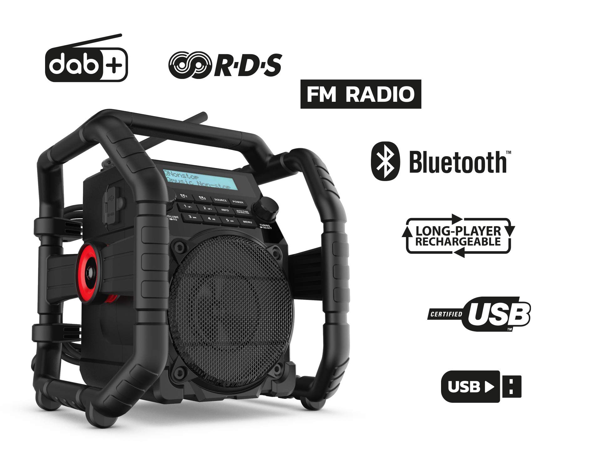 PerfectPro UBOX500R Heavy-Duty Construction Site Radio with DAB+/FM/Bluetooth®/AUX/USB - Shockproof, Battery Charging & Weatherproof - Ideal for Job Sites, Outdoor Work & Camping