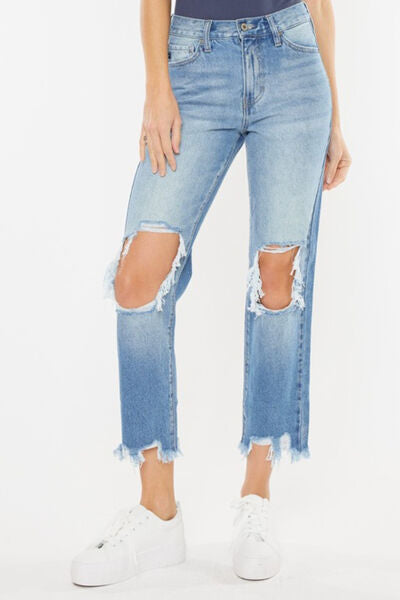 Kancan High Waist Distressed Straight Leg Mom Jeans for Women - Vintage Denim Pants for Casual Outfits & Street Style