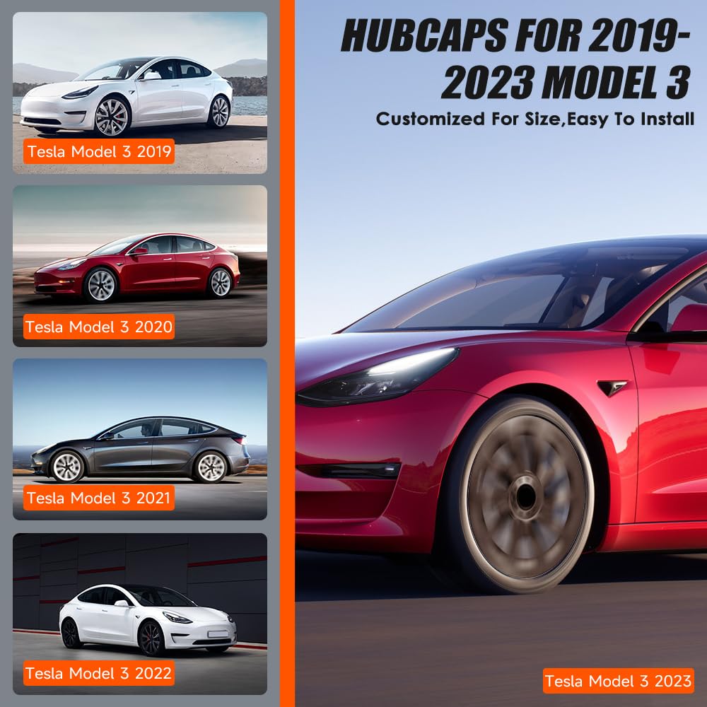 Tesla Model 3 18 Inch Wheel Covers (4-Piece Set) - ABS Hubcaps Compatible with 2017-2023 Model 3 | OEM Style Rim Replacement in Whirlwind Matte Black - Perfect for Car Upgrades & Winter Protection