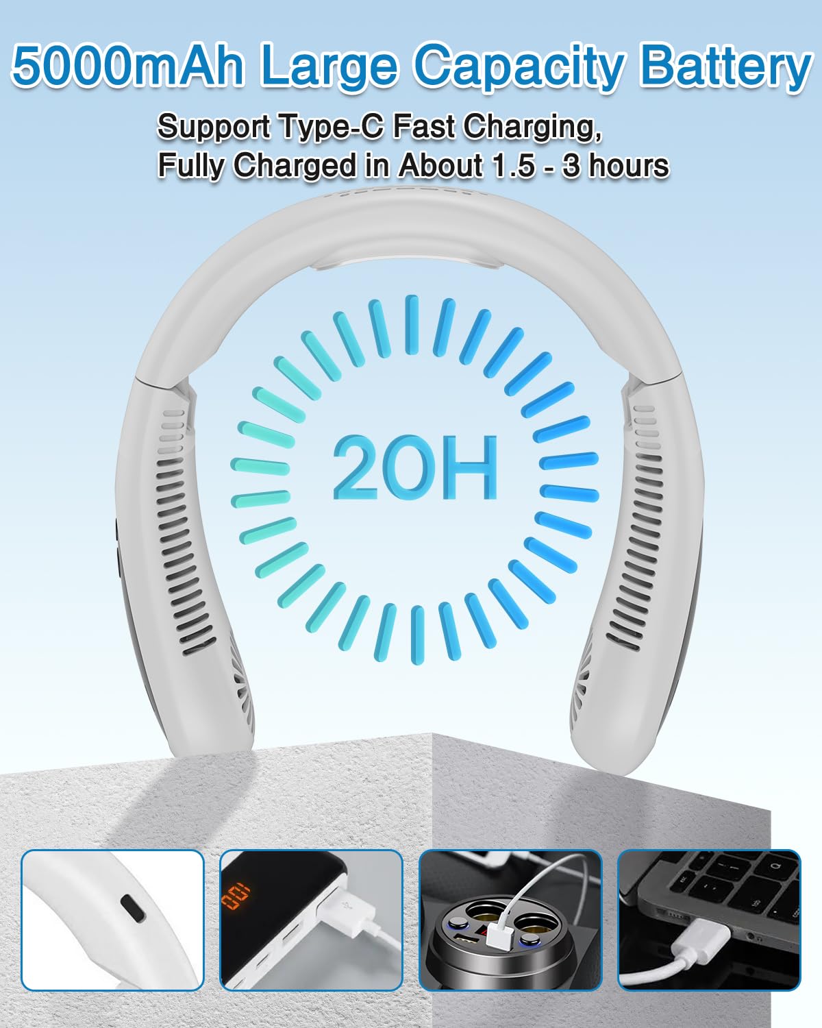Portable Neck Fan with 5000mAh Battery & Semiconductor Cooling - USB Rechargeable Bladeless Personal Fan, 3 Speed Settings, White - Perfect for Outdoor Activities, Office, Travel & Summer Cooling