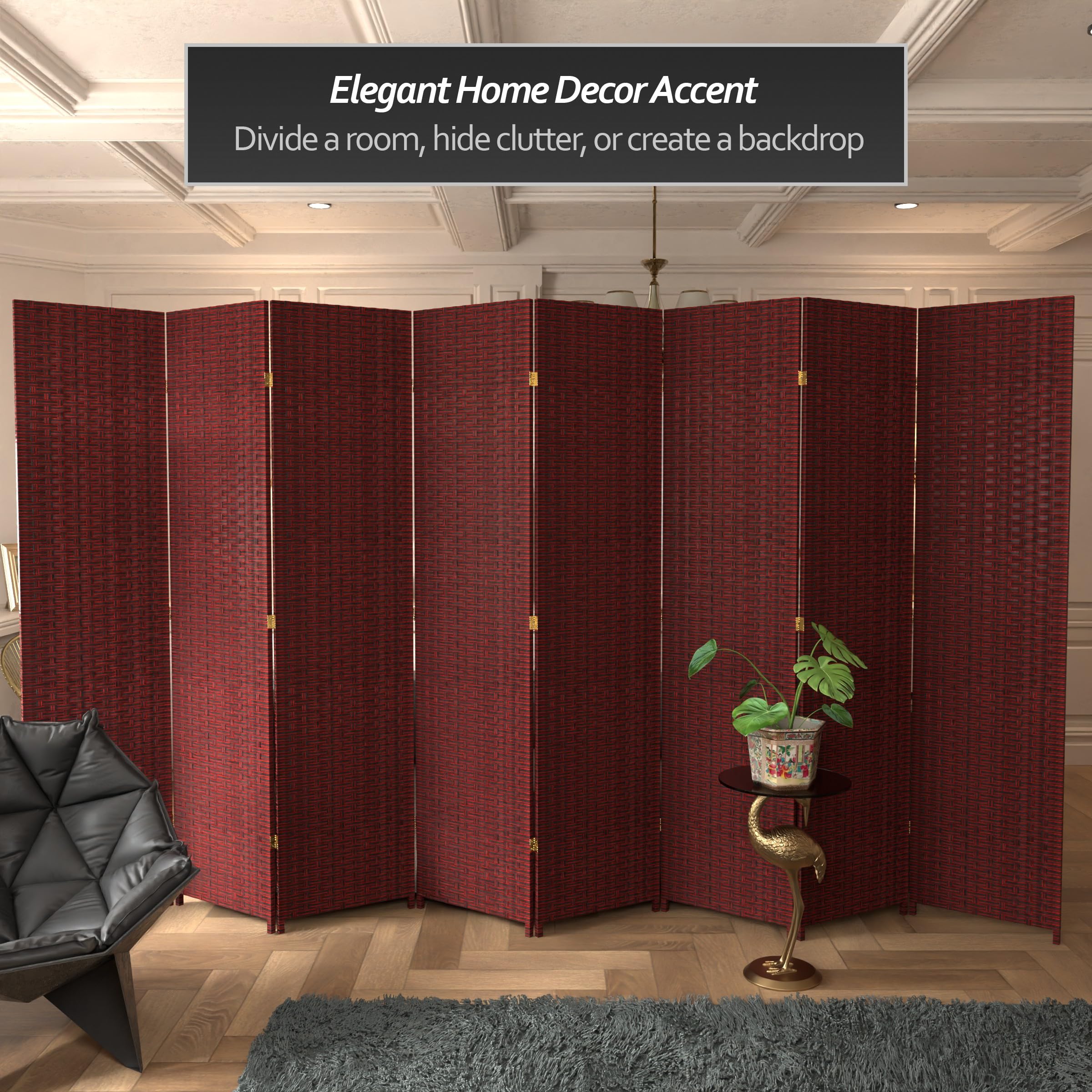 7 ft Tall Red and Black Woven Fiber Room Divider - 8 Panel Folding Screen for Home Decor, Office Partition, Wedding Backdrop & Asian-Themed Events