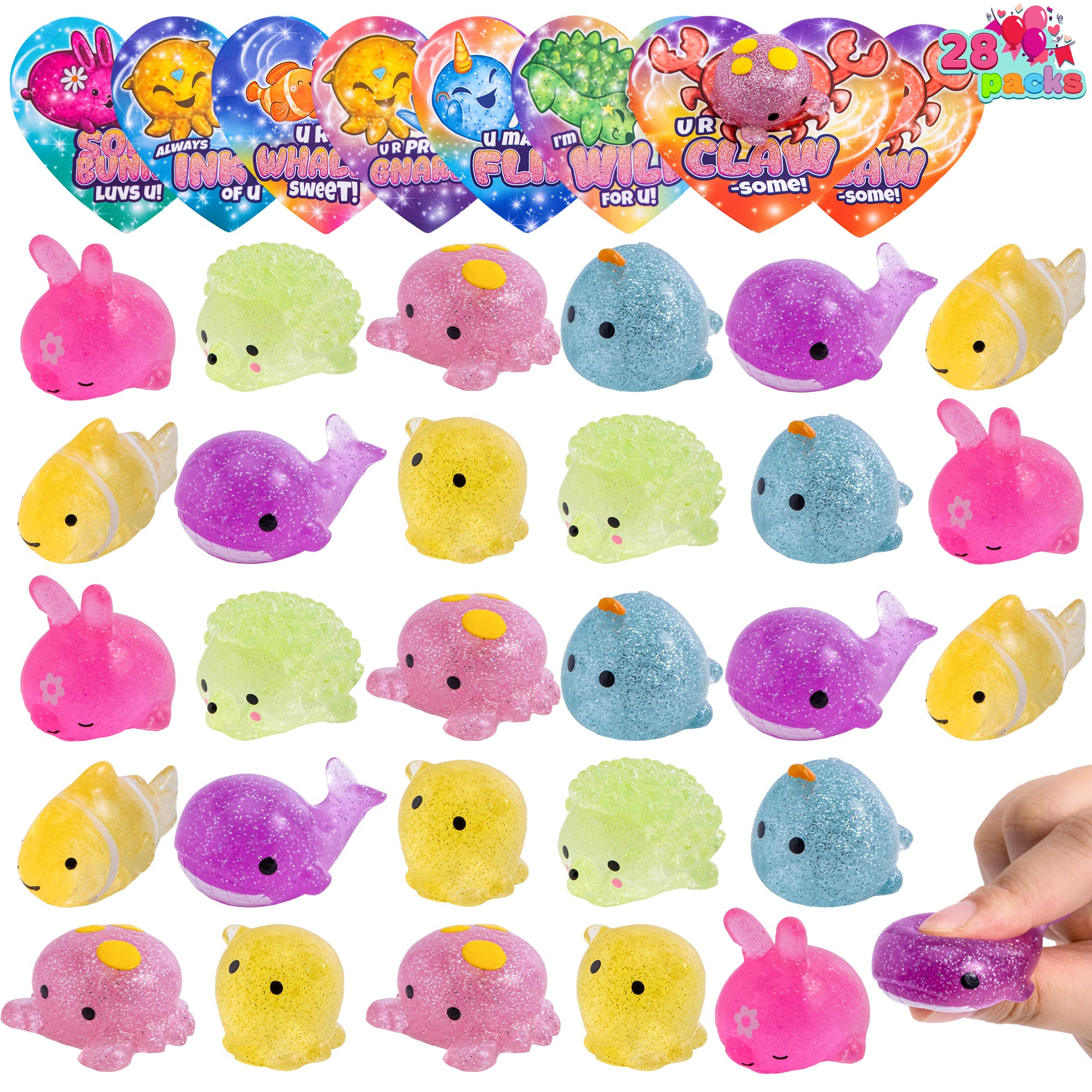JOYIN 28 Pcs Glitter Mochi Squishy Toys - Cute Sea Animal Stress Relief Fidget Toys for Kids, Party Favors & Classroom Prizes | Sensory Play, Anxiety Relief & Fun Exchange Gifts