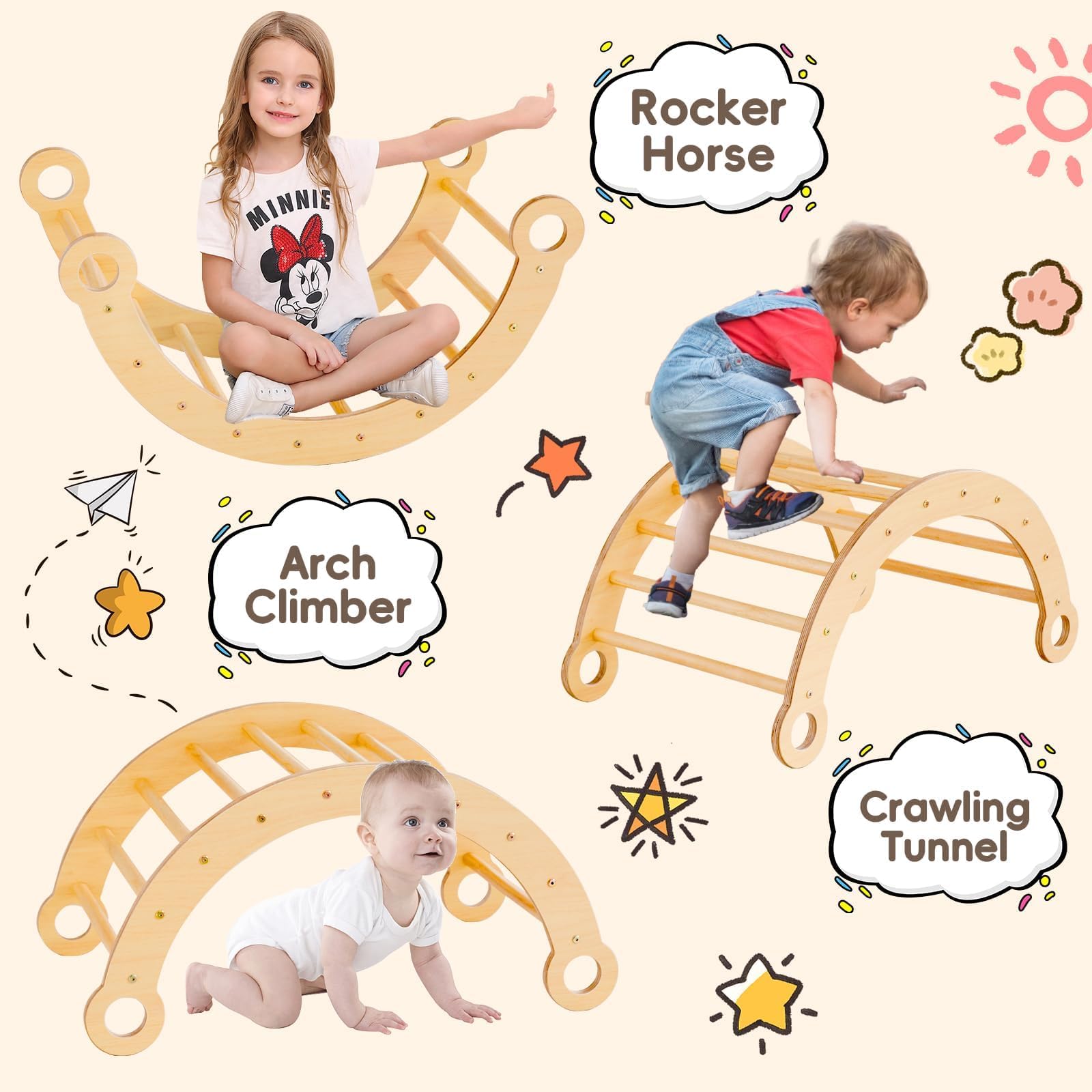 Asweets 5-in-1 Foldable Pikler Triangle Set with Ramp & Arch Climber - Montessori Climbing Toy for Toddlers, Indoor Jungle Gym for Kids - Perfect for Playrooms, Daycares & Home Play Areas