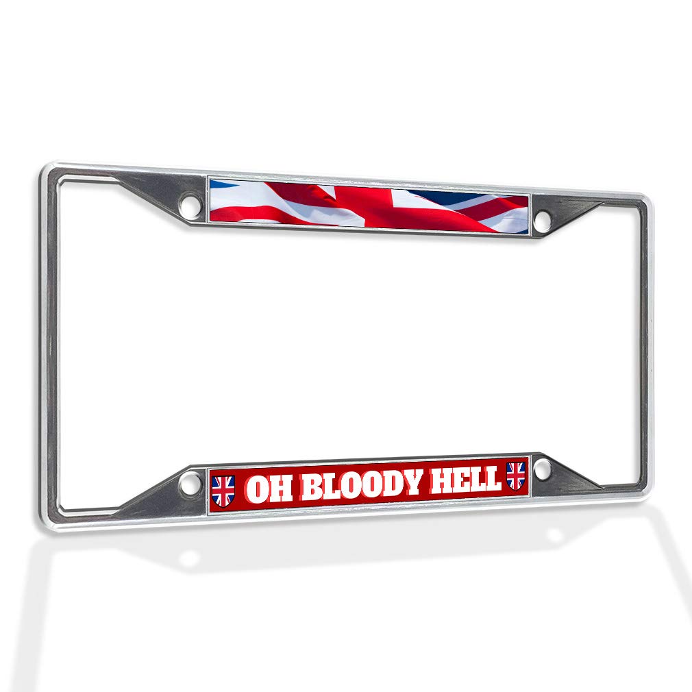 UK Flag Metal Insert License Plate Frame - 'Oh Bloody Hell' Weatherproof Car Accessory with Chrome 4-Hole Solid Design | Perfect for British-Themed Vehicles, Car Enthusiasts & Unique Auto Decor