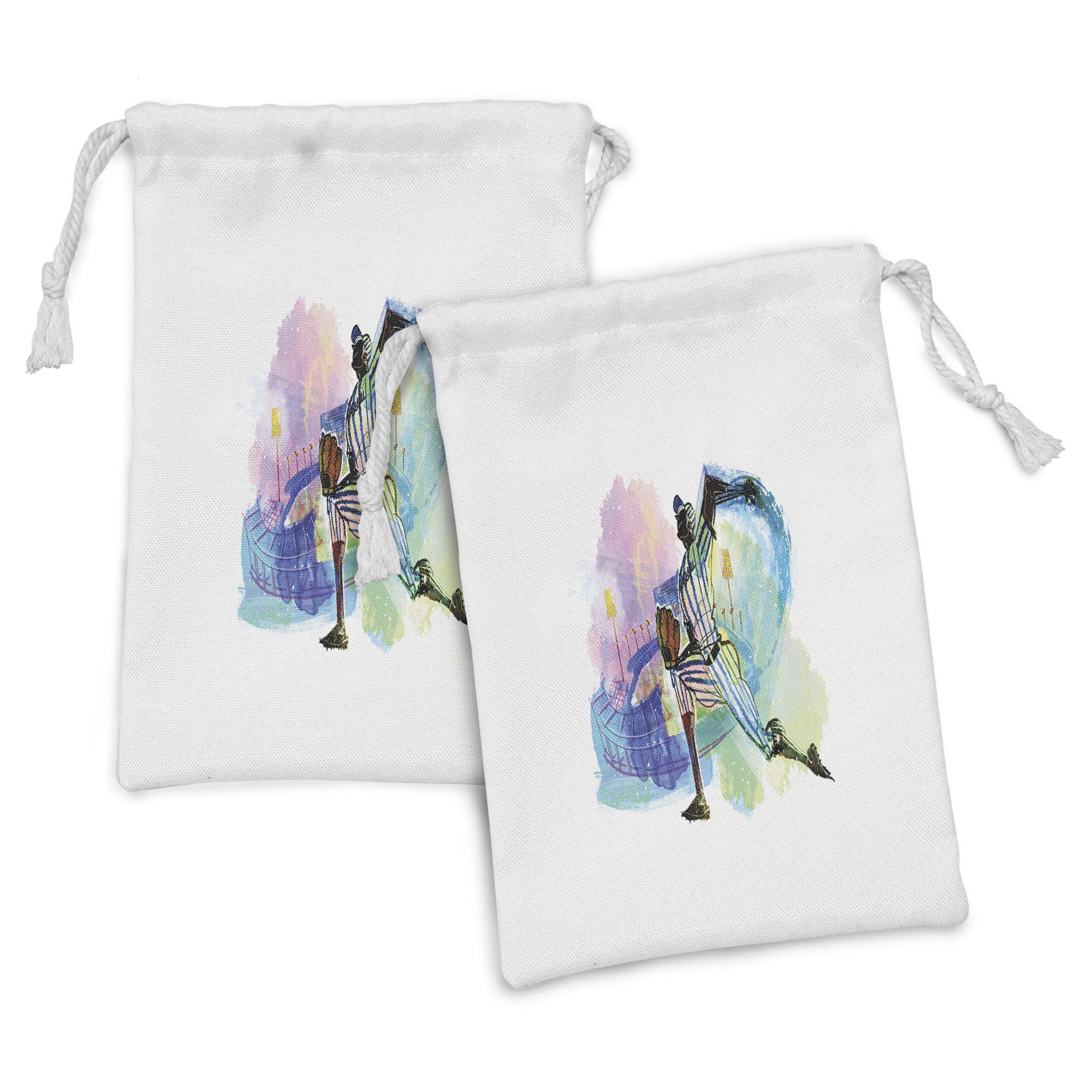 Ambesonne Baseball Fabric Pouch Set of 2 - Colorful Baseball Player Sketch Design Drawstring Bags for Toiletries, Masks & Gifts (9