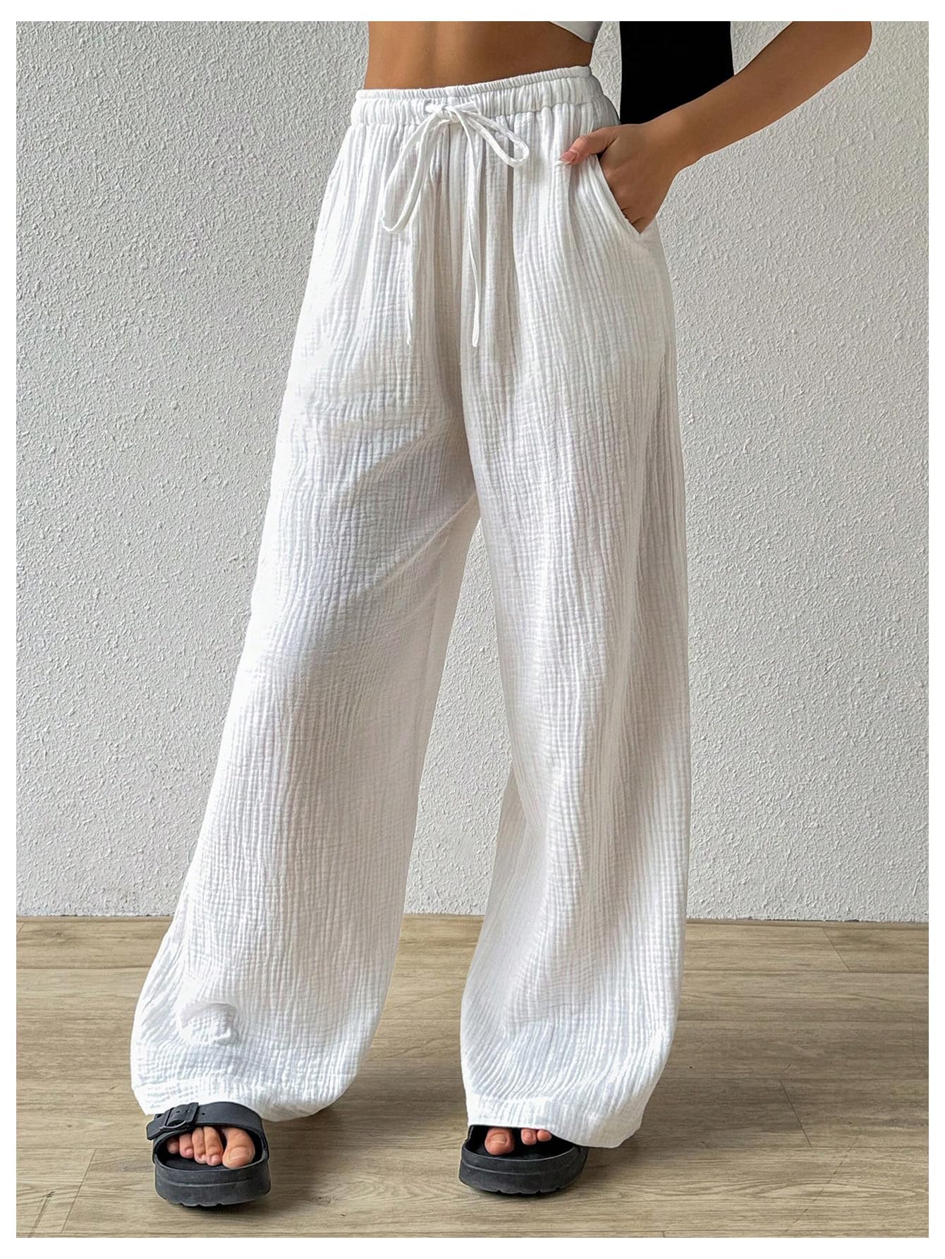 MakeMeChic Women's Casual Drawstring Elastic High Waist Loose Baggy Wide Leg Pants - Comfortable Lounge Pants for Yoga, Travel & Everyday Wear