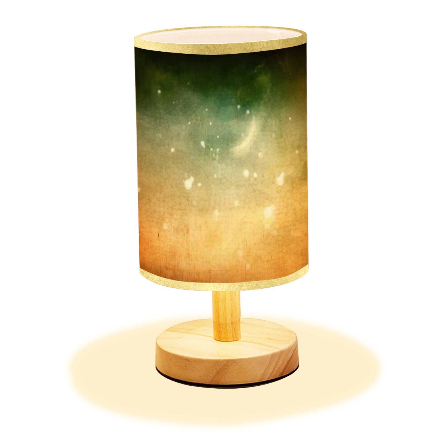 Vintage Wood Nightstand Lamp with Flaxen Fabric Shade - Minimalist Moon & Stars Design for Bedroom, Living Room, Nursery | Romantic Ambient Lighting for Reading, Relaxing & Decor