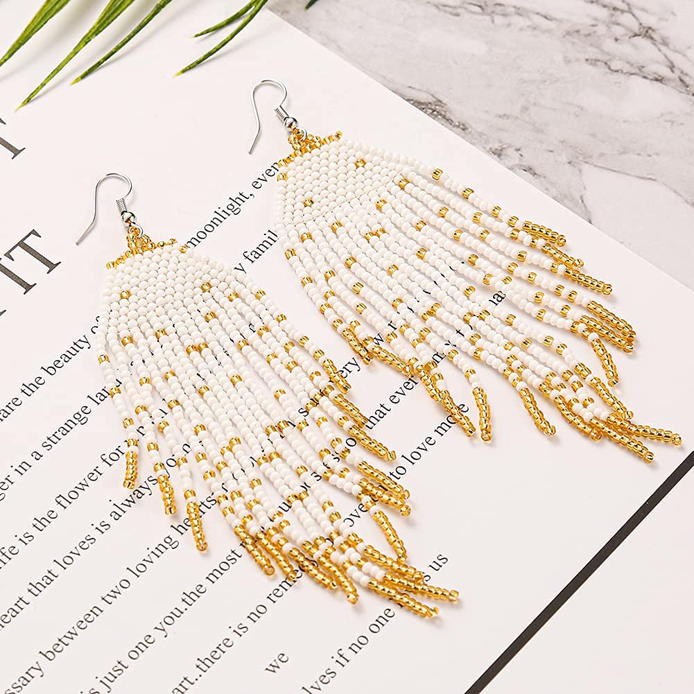 Long Beaded Tassel Earrings for Women - Large Bohemian Statement Dangle Earrings, Handmade Boho Beaded Jewelry | Perfect for Festivals, Parties & Boho Fashion