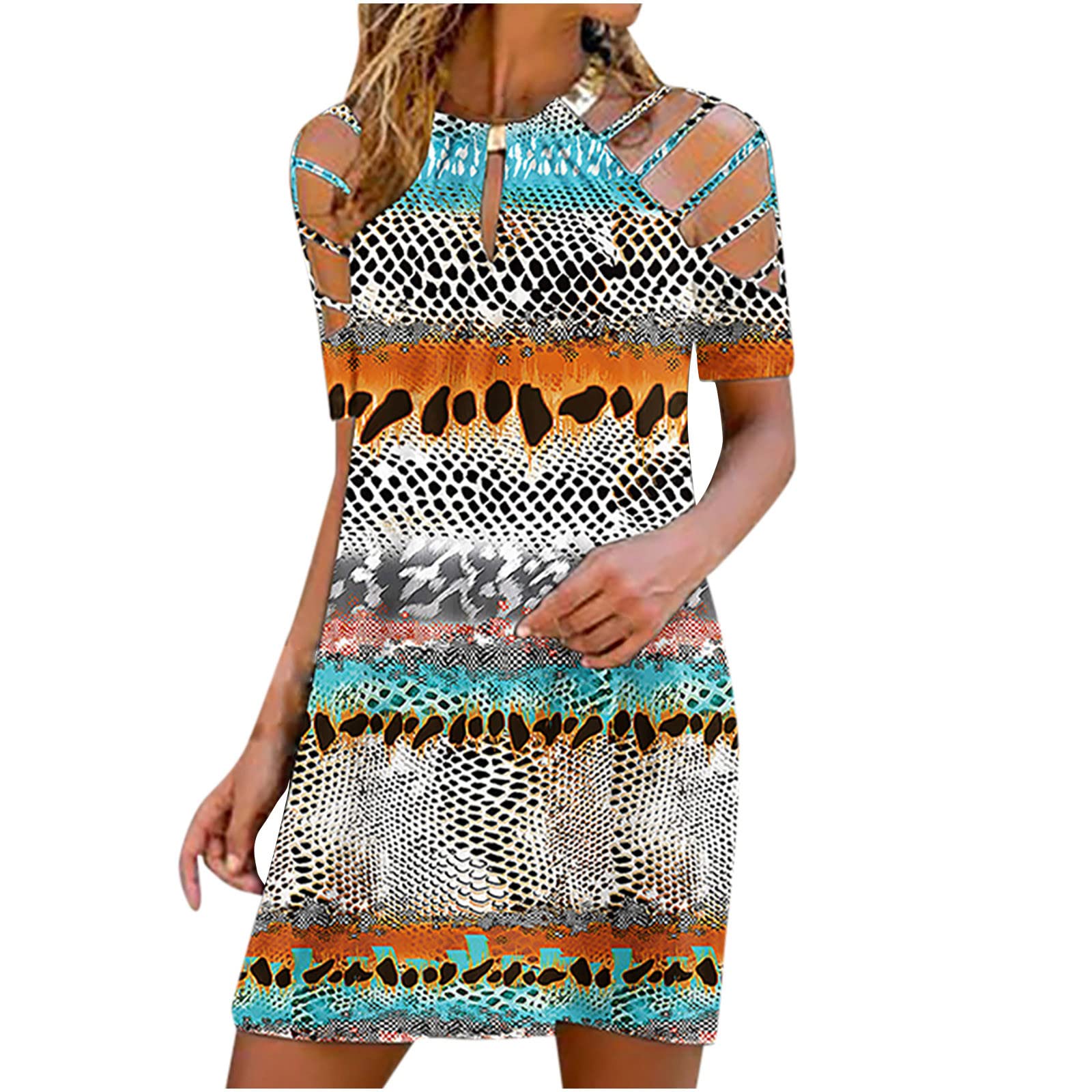 Women's Floral Printed Summer Dress - Casual Eyelet Neck Short Sleeve Midi Dress with Hollow Out Design | Perfect for Beach Vacations, Outdoor Parties & Summer Getaways