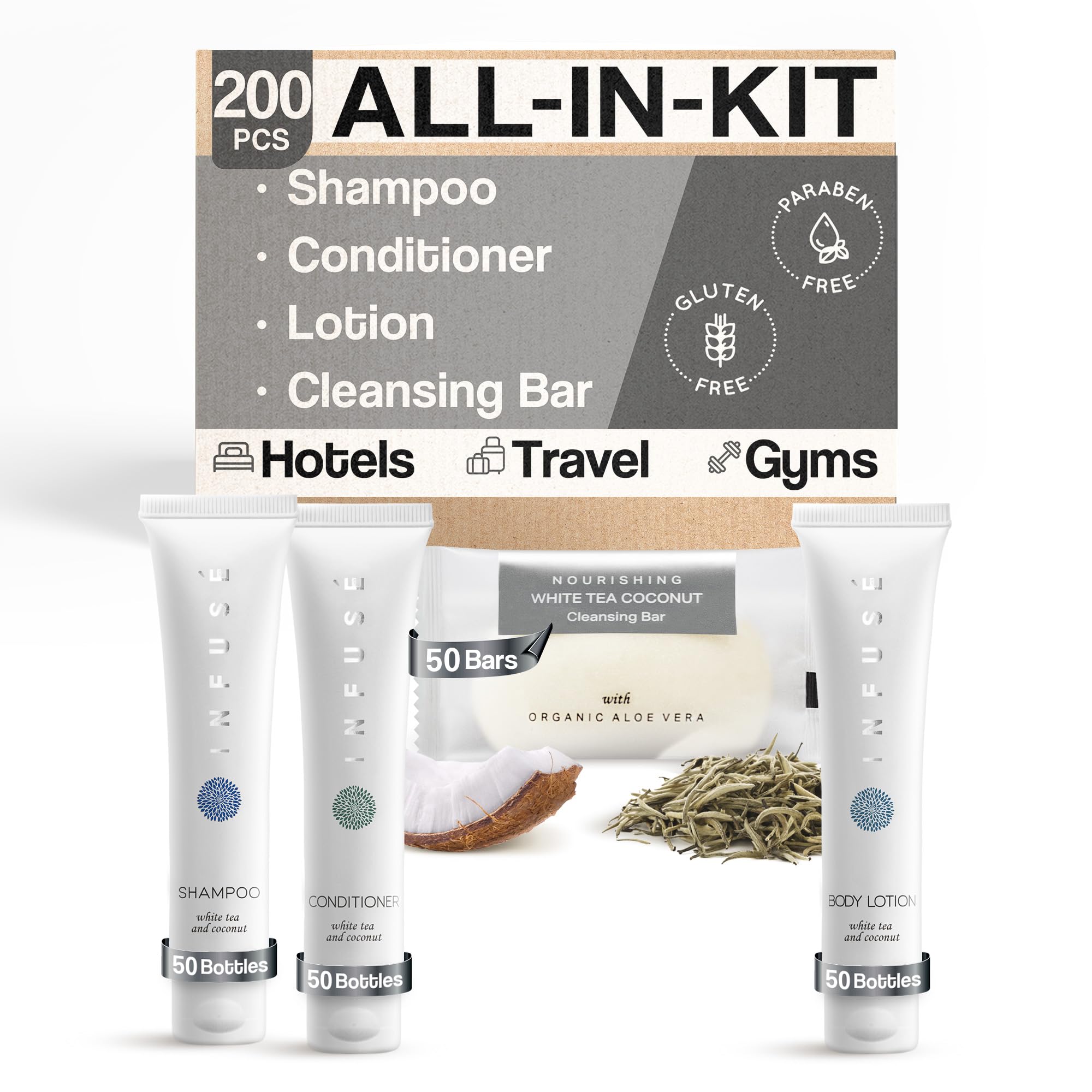 Infuse Soaps & Toiletries Bulk Set - 200 Pieces Travel Size Amenities Kit with 1 oz Shampoo, Conditioner, Lotion & 40g Bar Soap | Perfect for Hotels, Vacation Rentals, Spas & Guest Bathrooms | Eco-Friendly Hospitality Essentials