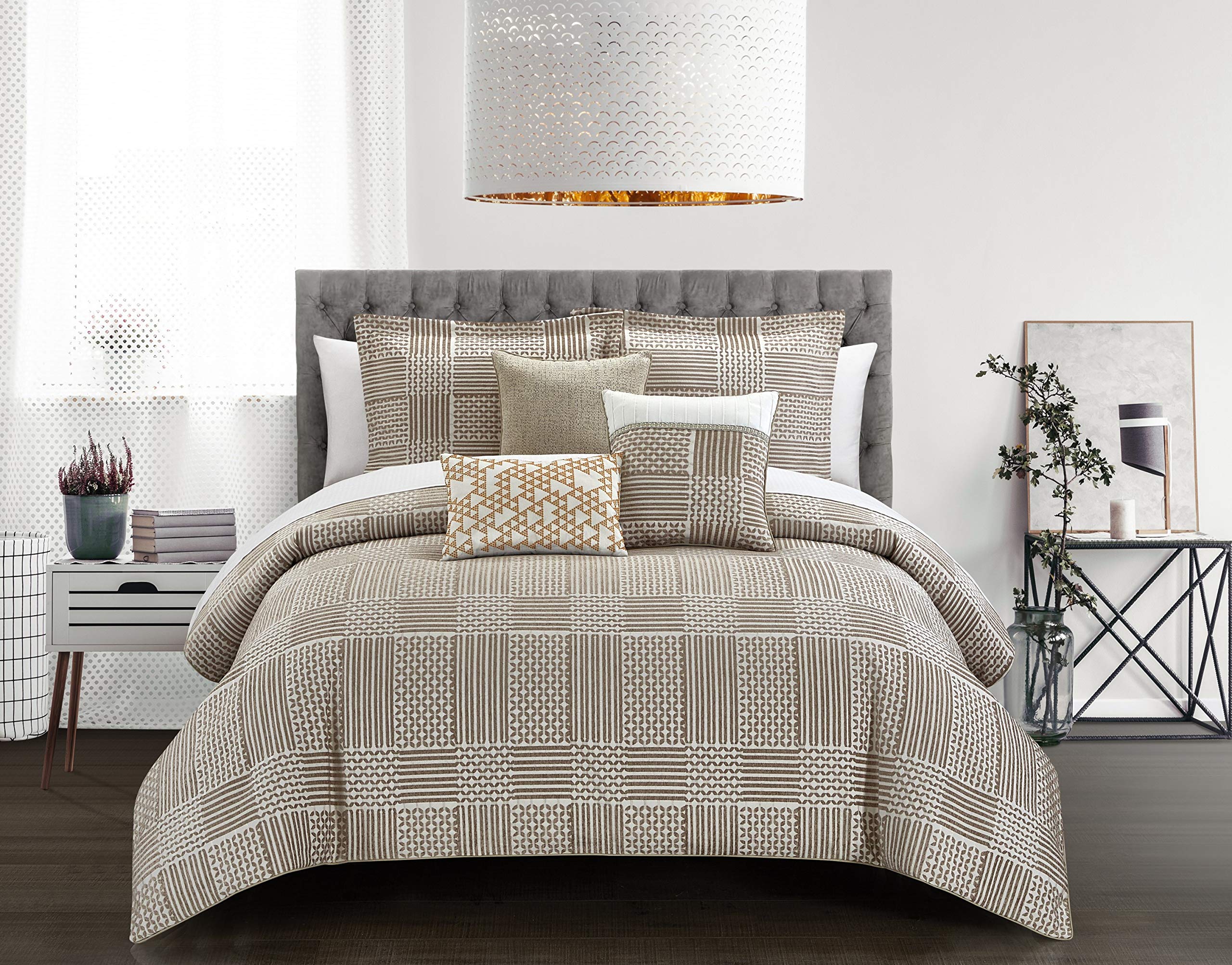 Chic Home Jodie 6-Piece Queen Comforter Set - Soft Chenille Bedding with Geometric Pattern, Includes Decorative Pillows & Shams, Beige | Perfect for Master Bedroom, Guest Room & Cozy Home Decor