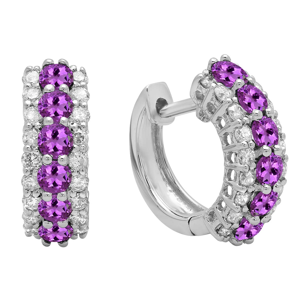 Dazzlingrock Collection 14K Solid White Gold Round Gemstone & White Diamond Huggie Hoop Earrings for Women - Perfect for Weddings, Parties & Everyday Elegance