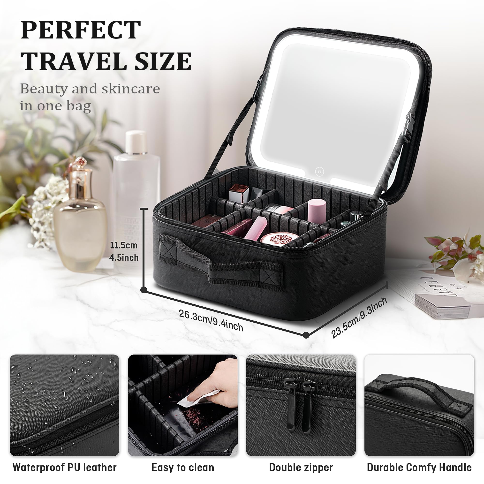LED Travel Makeup Bag with 10x Magnifying Mirror - Adjustable Dividers Cosmetic Organizer Case with 3 Lighting Modes & Brightness Control - Perfect for Women's Beauty Essentials On-The-Go (Black) | Ideal for Travel, Home Vanity & Professional Makeup Artists