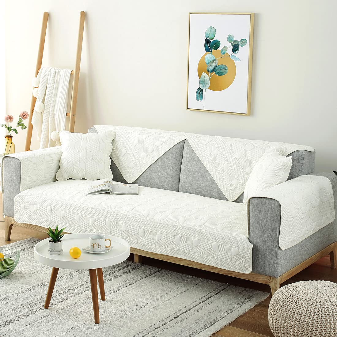 VCTOPS Embroidered Cotton Quilted Sofa Cover - Soft Sectional Couch Slipcover for Pets, Dogs & Cats - Fits L-Shaped, Recliner & Leather Couches (36x47 Inches, Cream) - Perfect for Living Room, Family Room & Pet-Friendly Homes