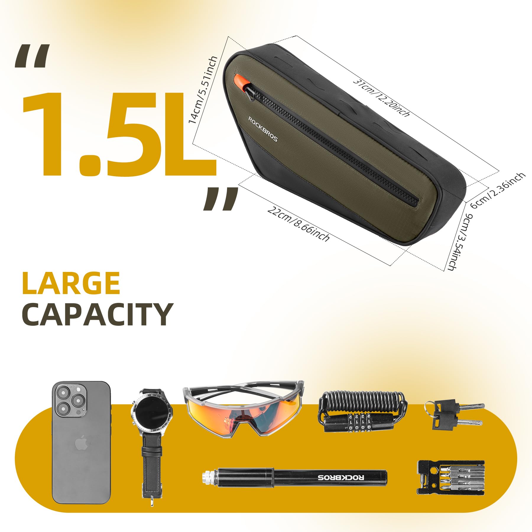 **ROCKBROS Waterproof Bike Frame Bag - 1.5L Top Tube Bicycle Bag with Large Opening Zippers for Mountain & Road Bikes | Quick Release, Durable & Lightweight | Perfect for Commuting, Cycling & Outdoor Adventures**