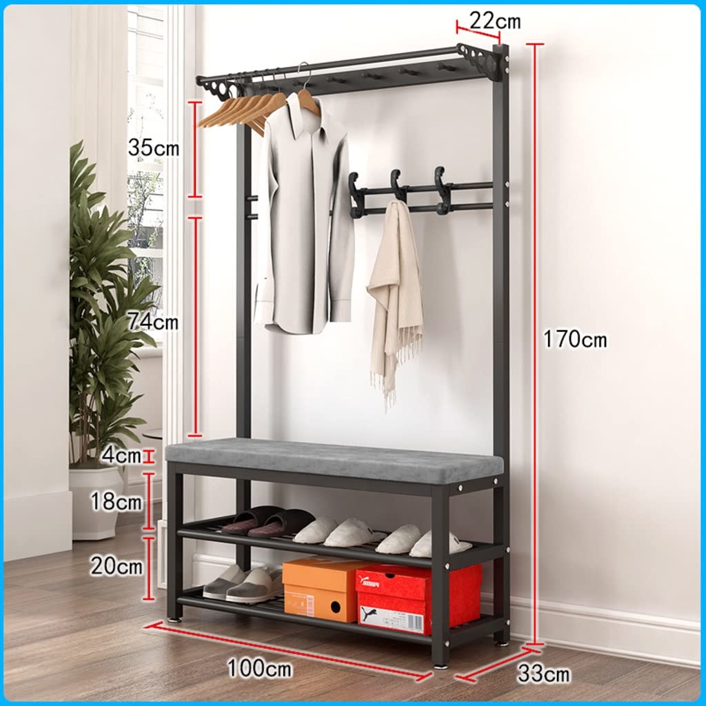 **4-in-1 Entryway Hall Tree with Shoe Bench & Coat Rack - Metal Frame, 5 Double Hooks, 39.37