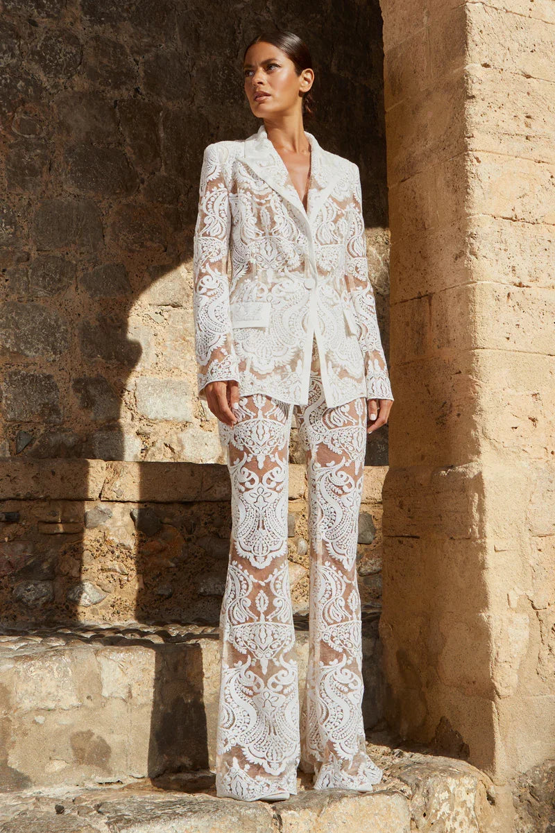 2023 Women's White Lace 2-Piece Outfit - Sexy See-Through Suit Coat & Flare Pants Set for Evening Parties, Date Nights & Special Occasions