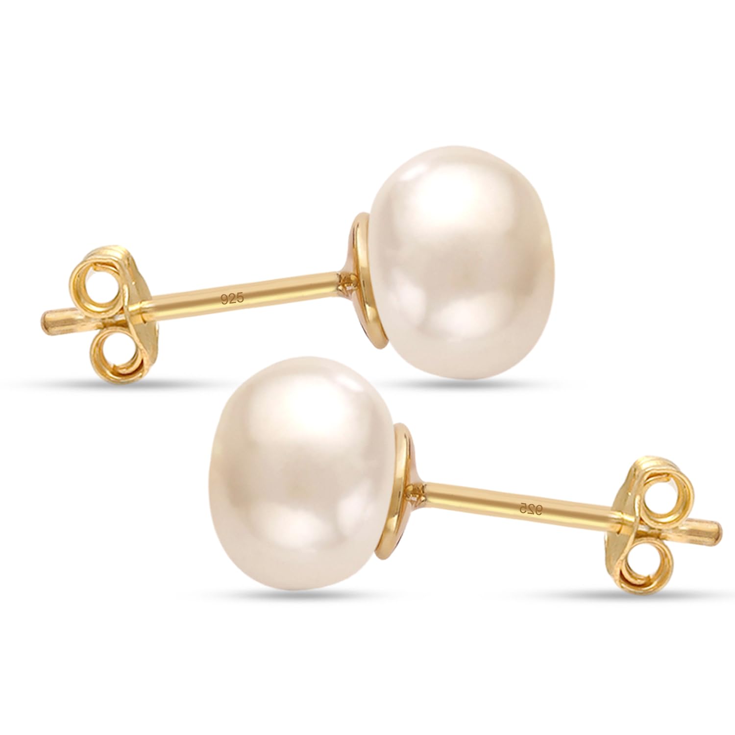 LeCalla 925 Sterling Silver Freshwater Pearl Stud Earrings for Women | Round White Pearls | 14K Gold Plated Jewelry | Handpicked Freshwater Cultured Stud Pearl Earrings (5mm-10mm) | Elegant Gift for Wedding, Anniversary & Everyday Wear