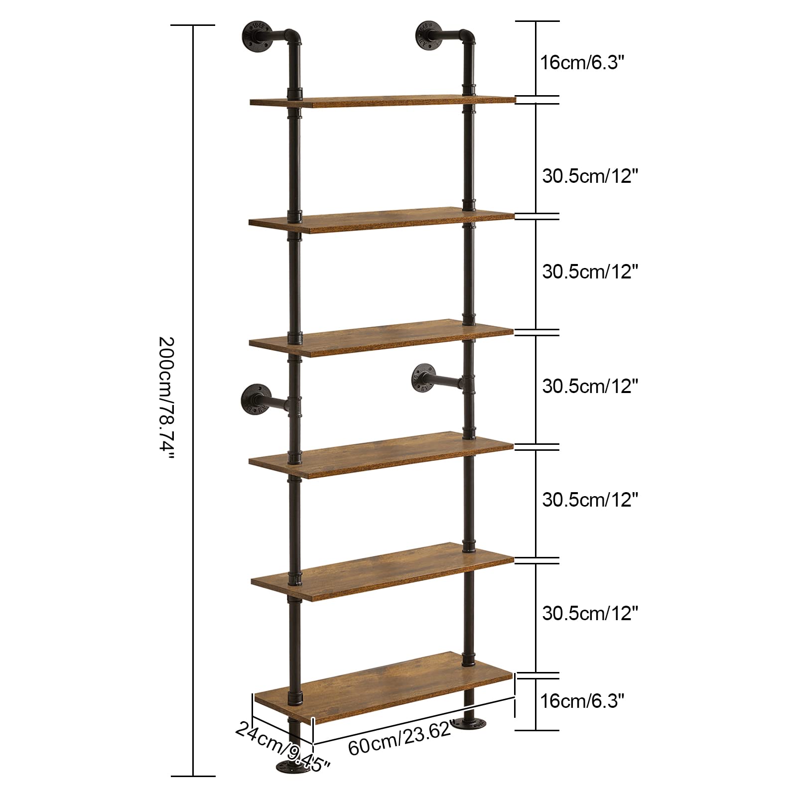 Industrial Pipe Ladder Shelf - 6-Tier Wall Mounted Bookcase with Sturdy Metal Frame, 78.7