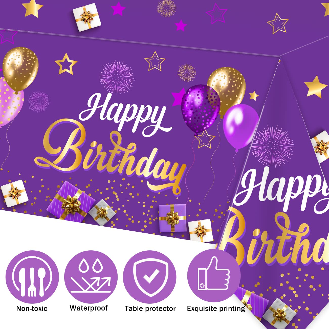 3-Pack Purple & Gold Happy Birthday Tablecloths - 43x70 Inch Disposable Plastic Rectangular Table Covers for Girls & Women | Birthday Party Decorations, Supplies | Perfect for Indoor/Outdoor Celebrations, Baby Showers & Special Events