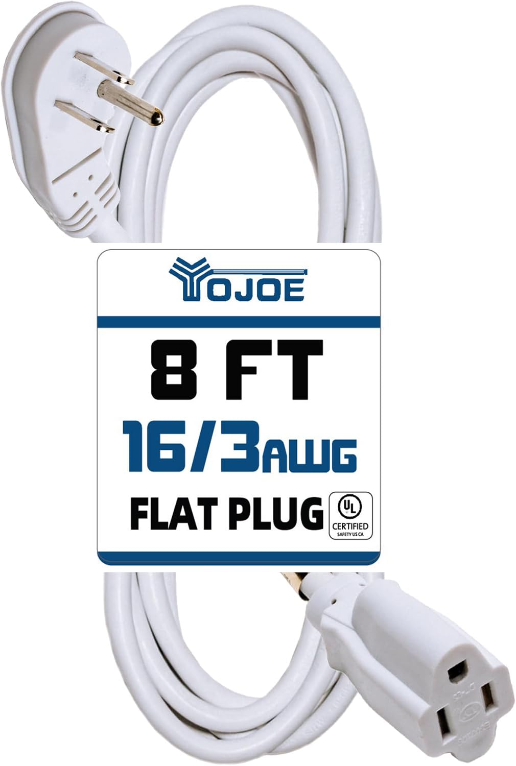 YOJOE 8 ft Flat Plug Indoor Extension Cord - 3 Prong 13A Heavy Duty Power Cord, 16 Gauge White SJTW Cable for Garage, Garden & Home Use - UL Listed | Perfect for Workshop, Office & Holiday Lighting