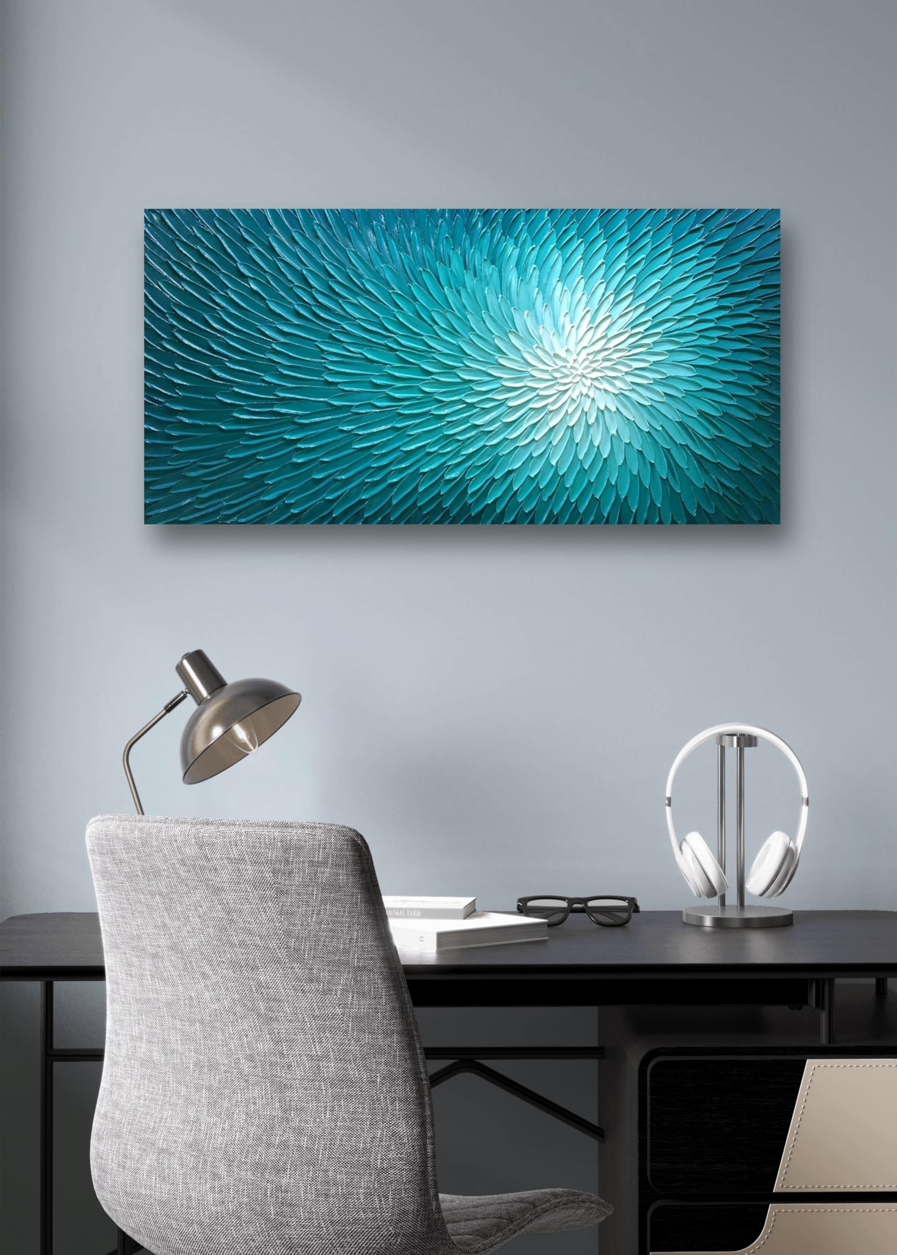 AMEI Art - 24x48 Inch Hand Painted Abstract Teal Blue Textured Oil Painting Floral Canvas Artwork | Acrylic Wall Decor with Wood Frame | Ready to Hang | Perfect for Living Room, Bedroom & Office Decor