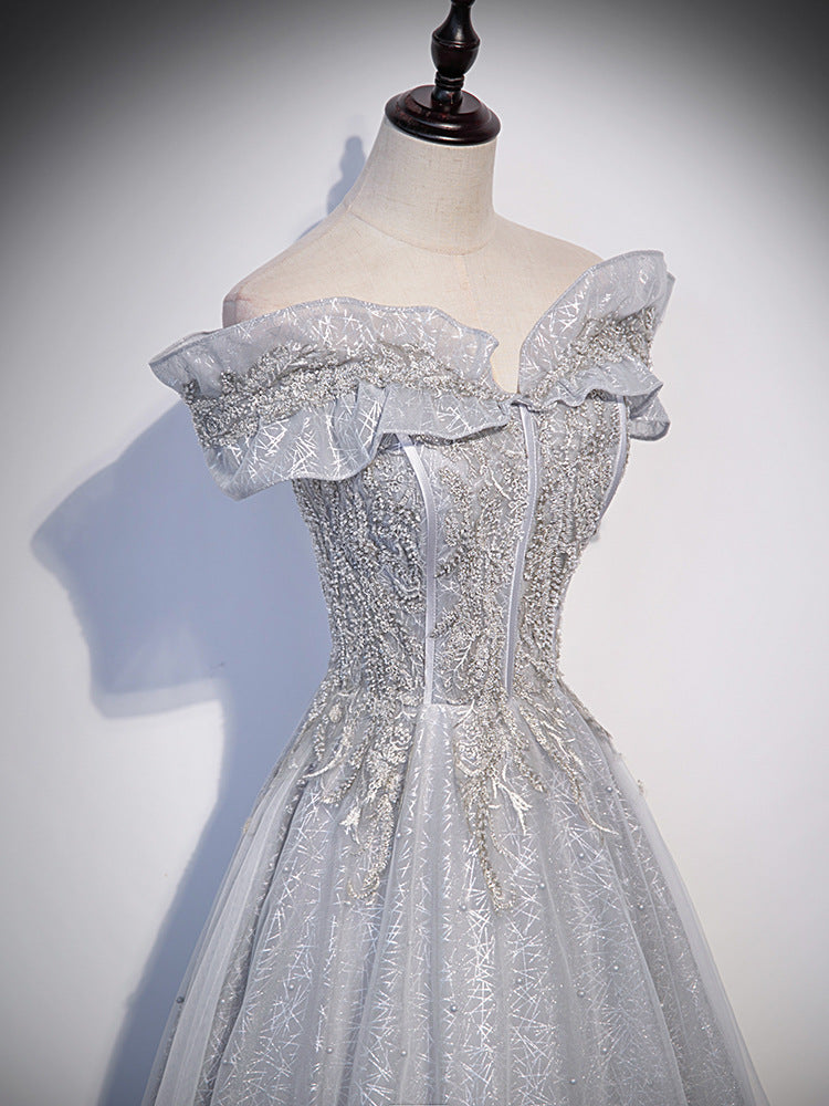 Sparkly Gray Off-Shoulder Prom Dress - Shiny Formal Evening Gown for Homecoming, Pageants & Special Occasions