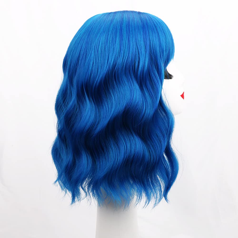 Bob Wig with Bangs - Shoulder Length Loose Wavy Synthetic Hair Cosplay Wig in Vibrant Blue | Perfect for Halloween Costumes, Cosplay Events & Themed Parties