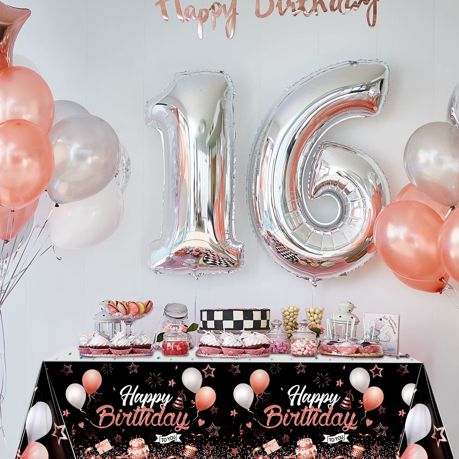 Breling 3 Pack Rose Gold & Black Happy Birthday Tablecloths - 54 x 108 Inch Starry Confetti Table Covers for Kids & Adults Party Decorations - Perfect for Birthday Celebrations, Baby Showers & Holiday Events