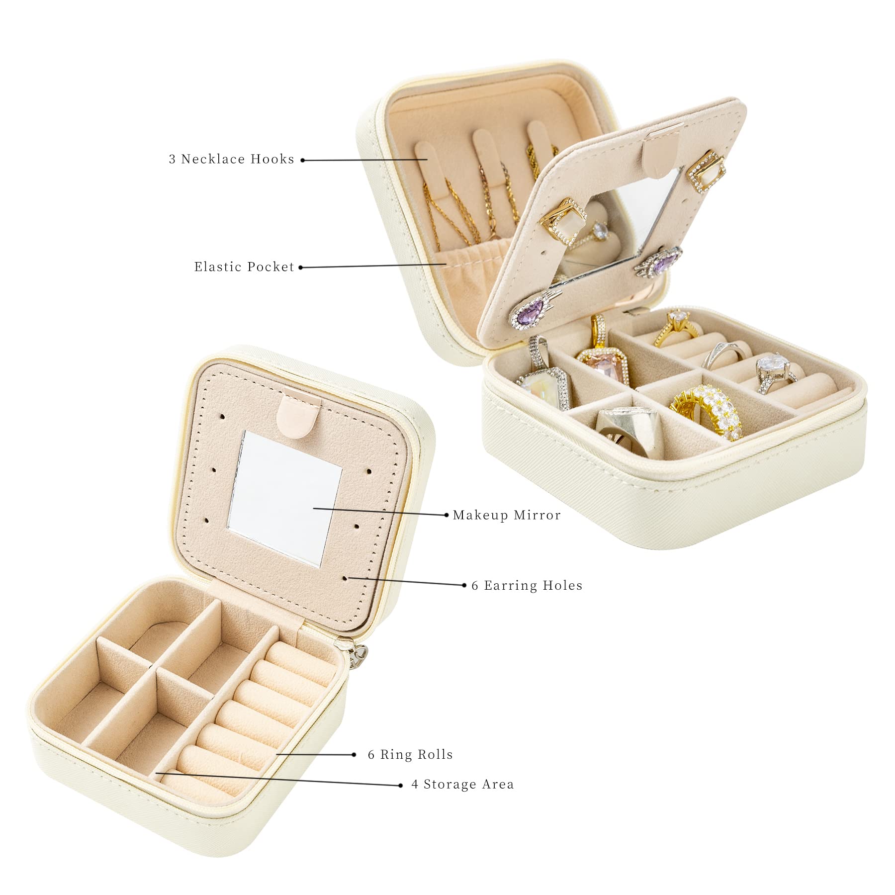 KElofoN Travel Jewelry Organizer Box for Women - Portable Jewelry Case with Mirror, Compact Jewelry Storage for Necklaces, Rings & Earrings (White) - Perfect for Vacation, Business Trips & Daily Use