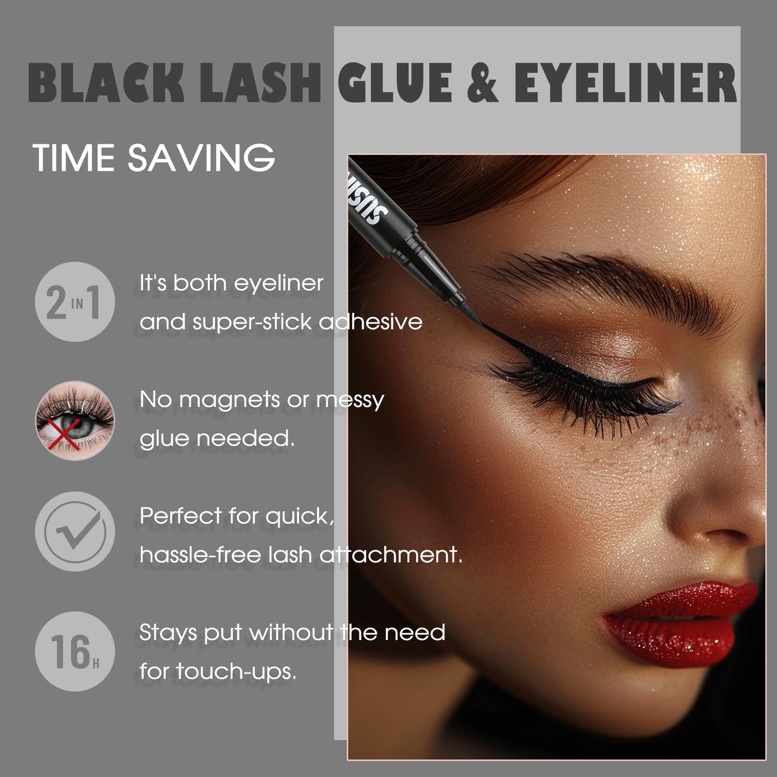 2-in-1 Black Eyelash Glue & Eyeliner Set with Clear Lash Adhesive + 3 Pairs 3D Natural False Eyelashes - Waterproof, Quick-Dry, Long-Lasting Felt Tip Pen Liner for Dramatic Eye Makeup Looks - Perfect for Parties, Weddings and Special Occasions