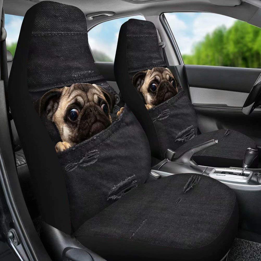 Dellukee Soft Pug Print Universal 2-Piece Front Car Seat Covers - Fits Most Cars, Trucks, SUVs & Vans | Waterproof & Non-Slip Protection for Pets, Kids & Daily Commute