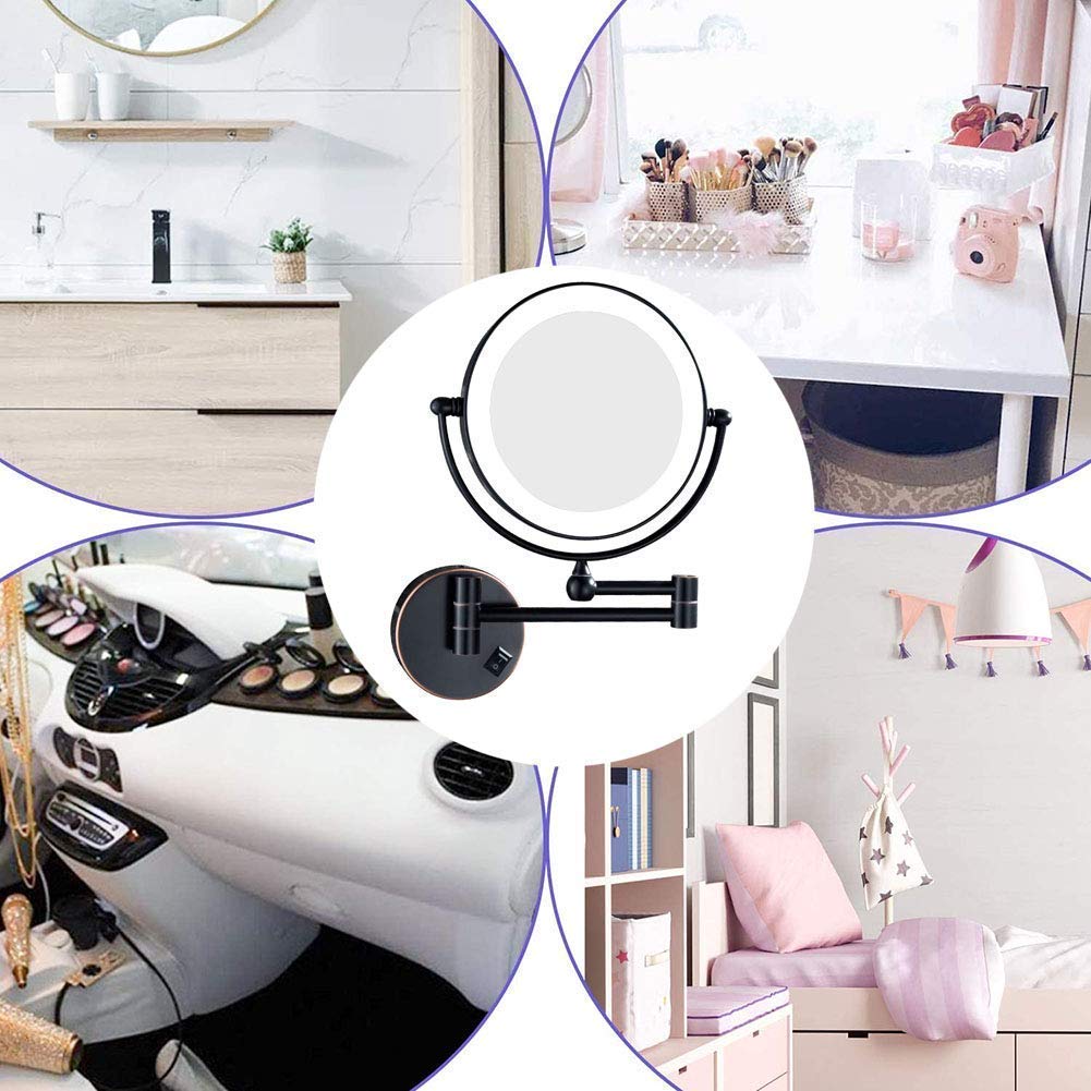 Wall Mounted Makeup Mirror with Lights - 2-Sided Extendable 360° Swivel Vanity Mirror for Bathroom, Plug-in LED Mirror with Adjustable Brightness, Perfect for Makeup, Shaving & Skincare Routine