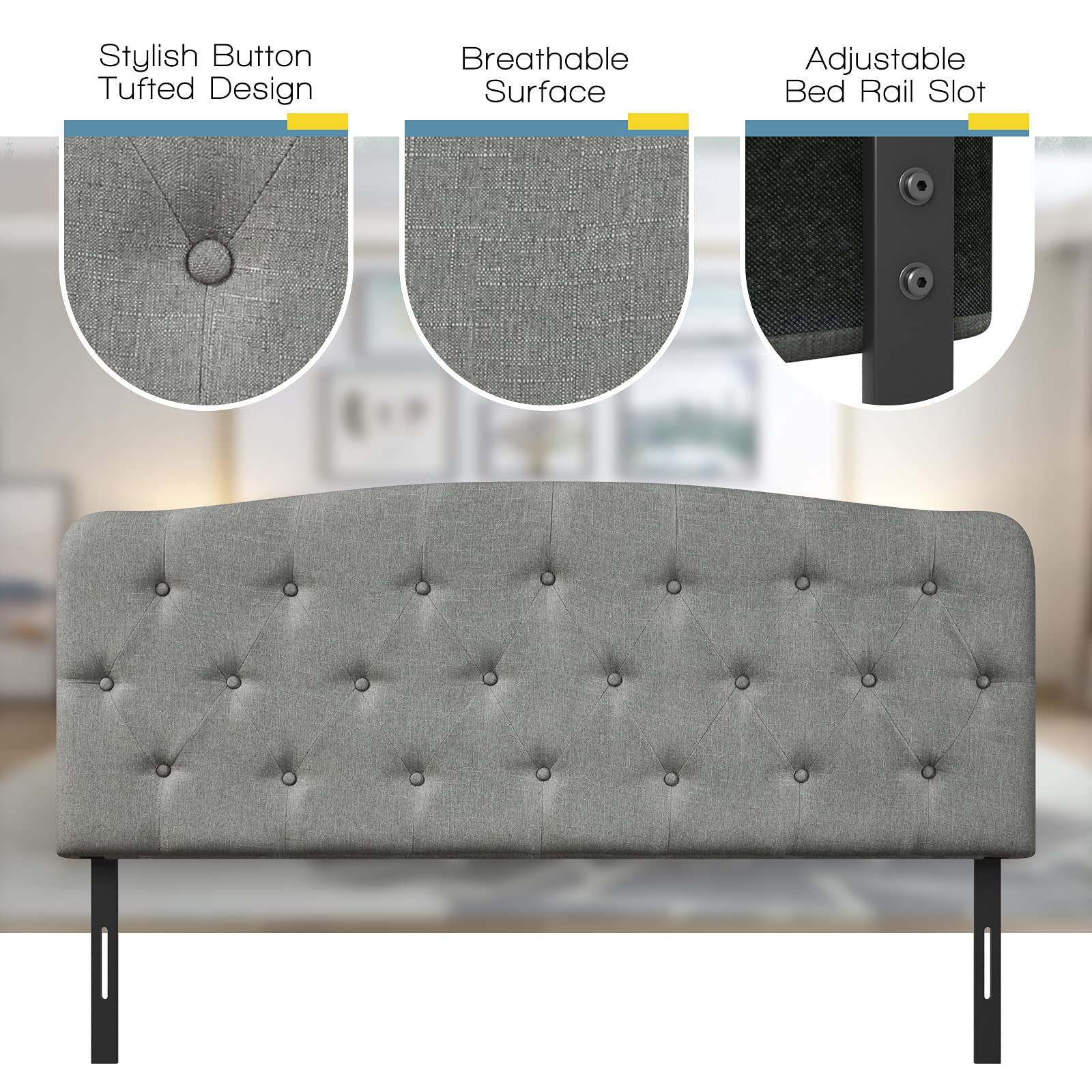 Giantex Full Size Upholstered Headboard - Adjustable Height 38’’ to 53’’ - Button Tufted Modern Fabric Bedroom Furniture - Light Grey - Easy Assembly - Perfect for Master Bedrooms, Guest Rooms & Apartments