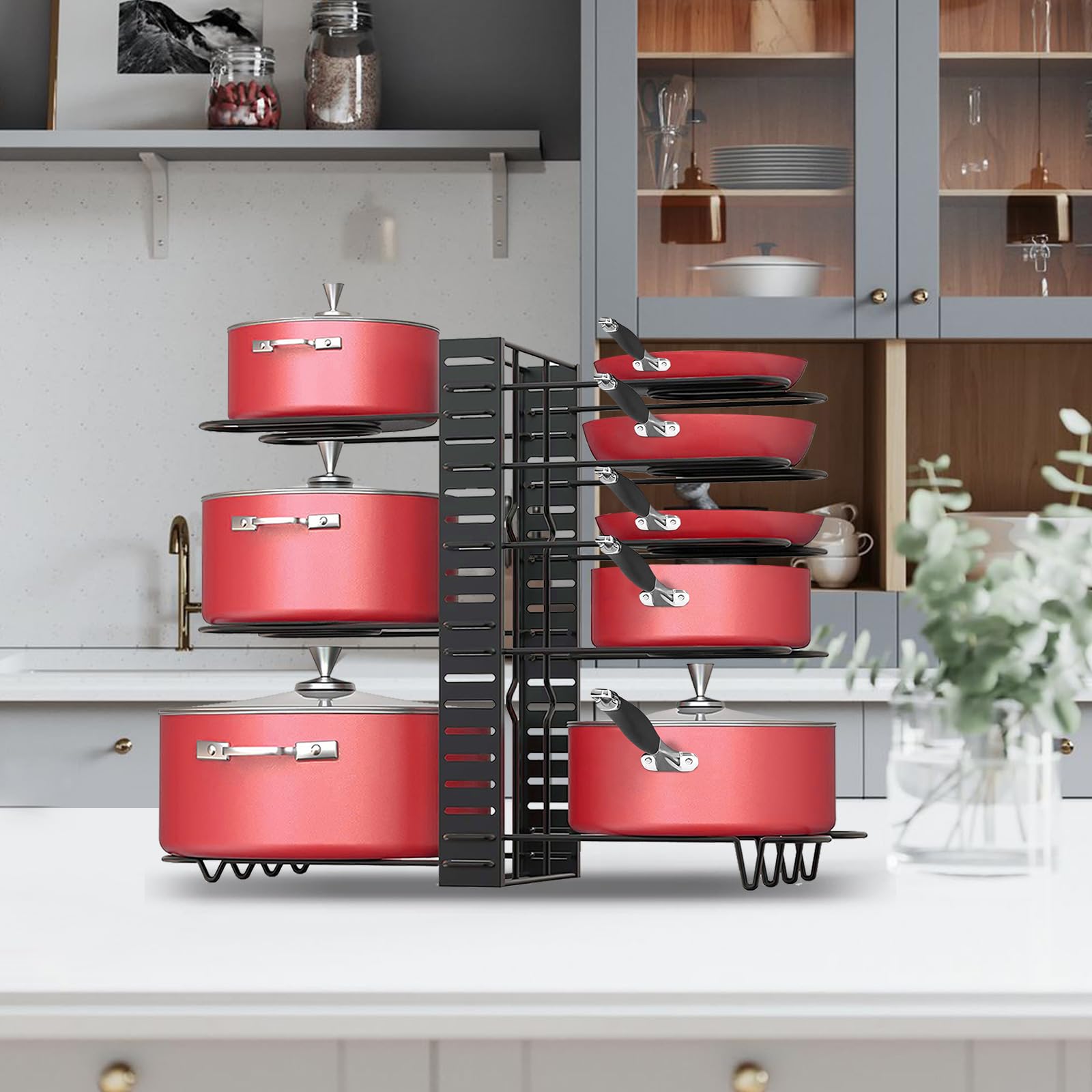 Adjustable 8-Tier Under Cabinet Pot and Pan Organizer - 3 DIY Installation Methods, Enhanced Balance for Kitchen Storage - Perfect for Small Spaces, Apartment Kitchens, and Organized Cooking