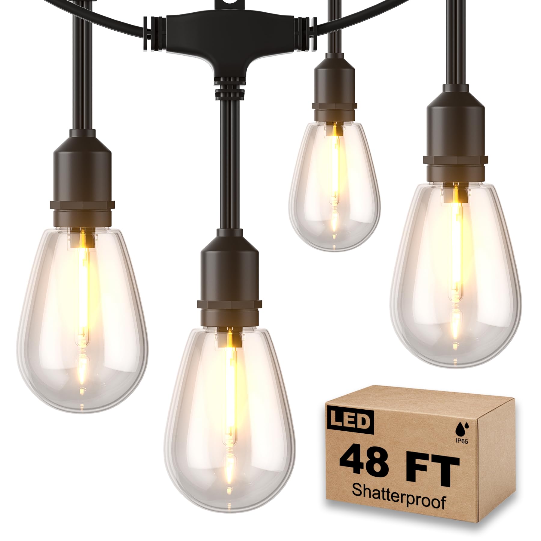 48FT LED Outdoor String Lights with 15 Edison Vintage Shatterproof Bulbs - 2700K Warm White, Commercial Grade IP65 Waterproof - Perfect for Patio, Backyard, Balcony, Garden, Porch & Outdoor Party Decorations