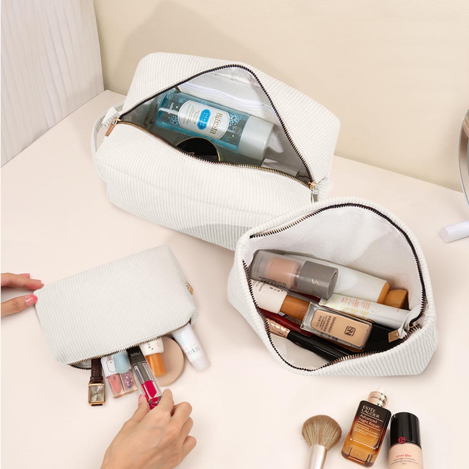 3-Piece Corduroy Makeup Bag Set for Women - Travel Cosmetic Organizer with Brush Storage Pouch, Toiletry Essentials for On-the-Go (White) | Perfect for Vacation, Gym & Daily Beauty Routine