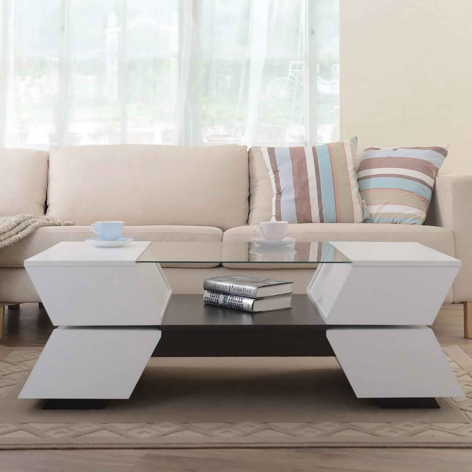 Addison Contemporary White Wood Storage Coffee Table - Modern Living Room Furniture for Small Spaces, Home Decor & Organization