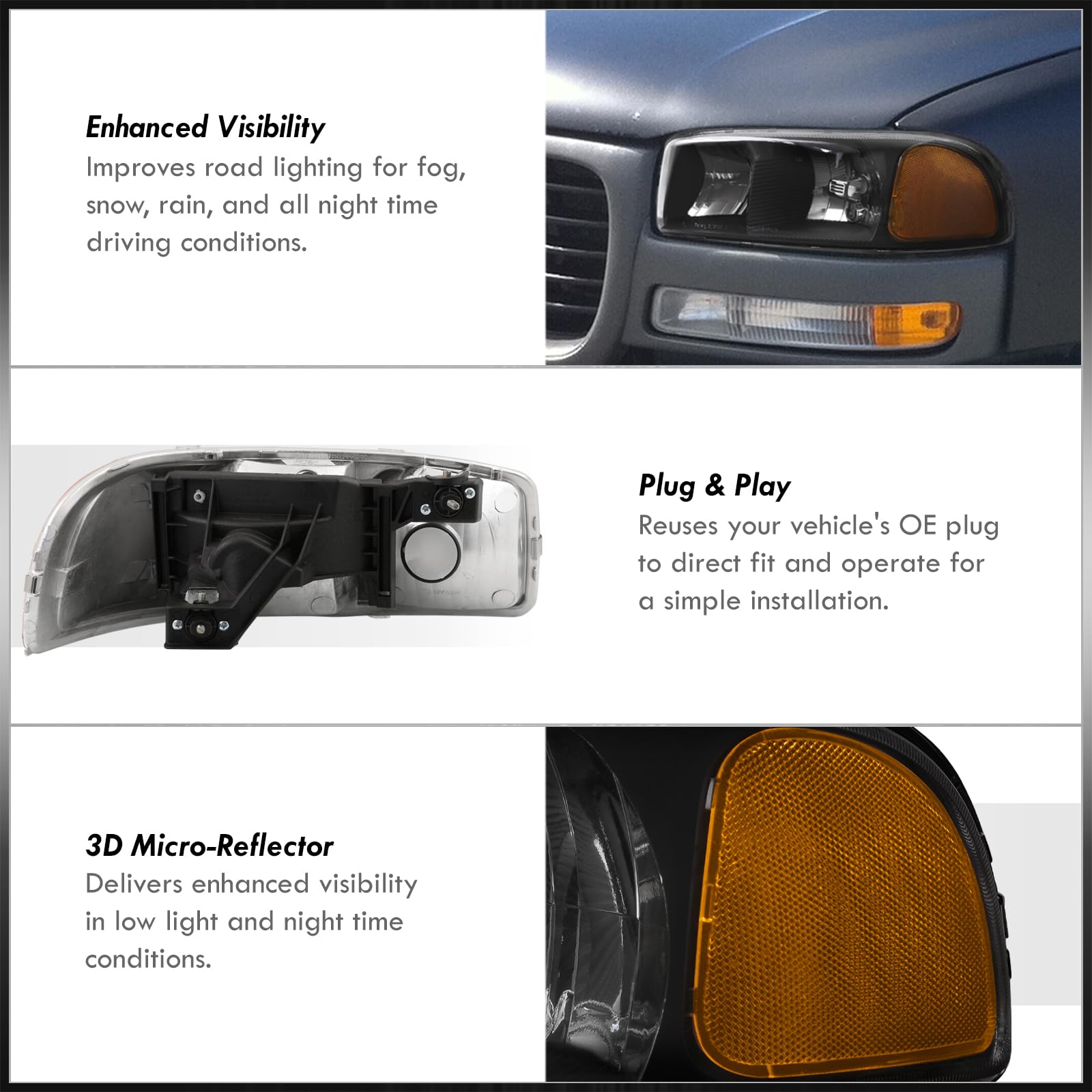 Black Amber Turn Signal Headlights for GMC Sierra Yukon XL 2000-2007 - Offroad & Night Driving