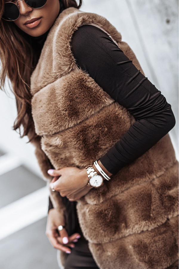 Solid Color Fur Round Neck Sleeveless Midi Vest Jacket for Women - Cozy Winter Fashion Outerwear for Casual Outings & Office Wear
